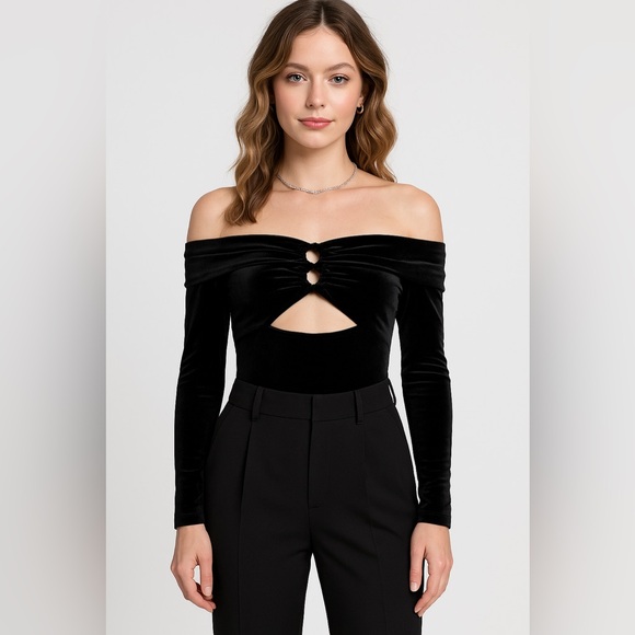 NWT REVOLVE by Glamorous Black Velvet Off-Shoulder Bodysuit - Picture 2 of 8